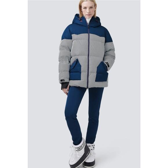 NWT Perfect Moment Womens Navy Pirtuk Striped Quilted Down Ski Jacket SZ XL New - Picture 1 of 13